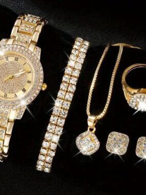 Luxury Rhinestone Quartz Watch Hiphop Fashion Analog WristWatch & 6pcs Jewelry